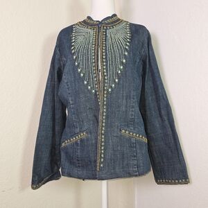 Chico’s Embellished Denim Jacket Size 2 (M/L) – Boho Western Beaded Jean Jacket